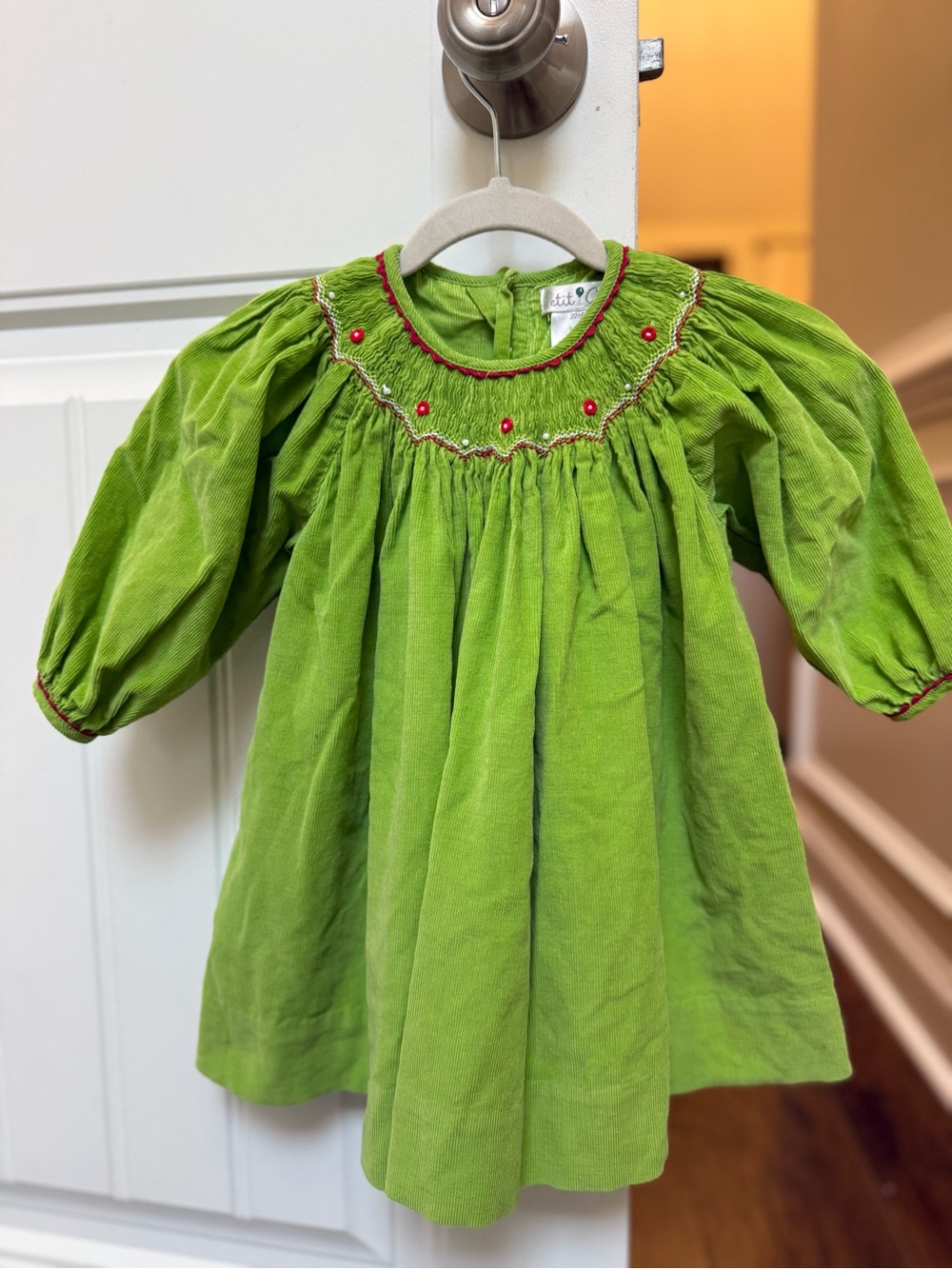 Petit Ami Green Smocked Corduroy Dress with Red Trim